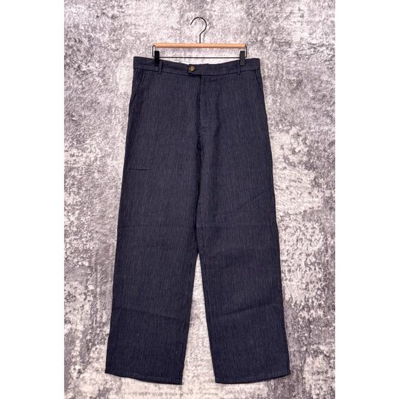 Original Fibres Pants 34 x 30 Mens Blue Pinstripe Linen Straight Leg - Picture 1 of 7